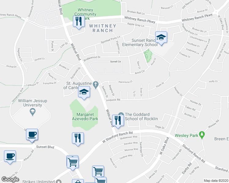 map of restaurants, bars, coffee shops, grocery stores, and more near 1215 Regina Street in Rocklin