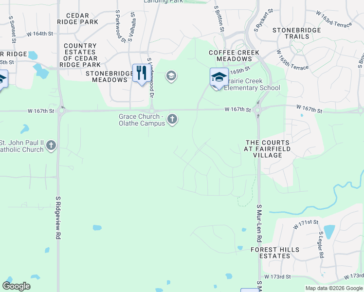map of restaurants, bars, coffee shops, grocery stores, and more near 167th Street in Olathe