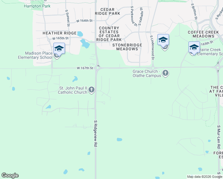 map of restaurants, bars, coffee shops, grocery stores, and more near 16735-16765 South Ridgeview Road in Olathe