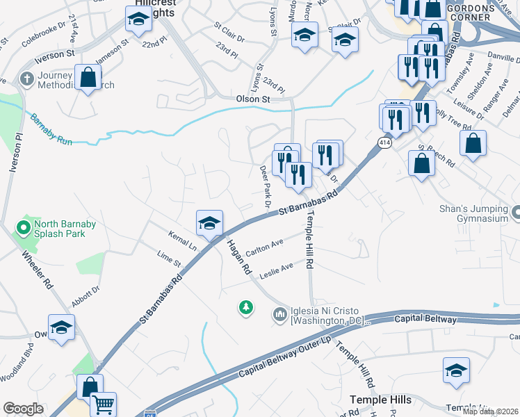 map of restaurants, bars, coffee shops, grocery stores, and more near 4833 Saint Barnabas Road in Temple Hills