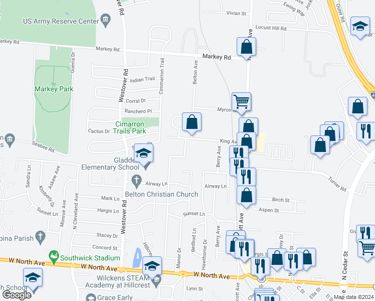 map of restaurants, bars, coffee shops, grocery stores, and more near 517 North Park Drive in Belton