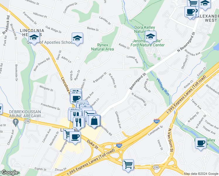 map of restaurants, bars, coffee shops, grocery stores, and more near 6020 Nagy Place in Alexandria