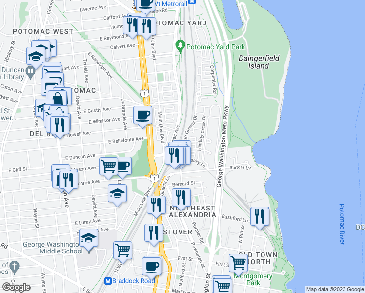 map of restaurants, bars, coffee shops, grocery stores, and more near 702 Norfolk Lane in Alexandria