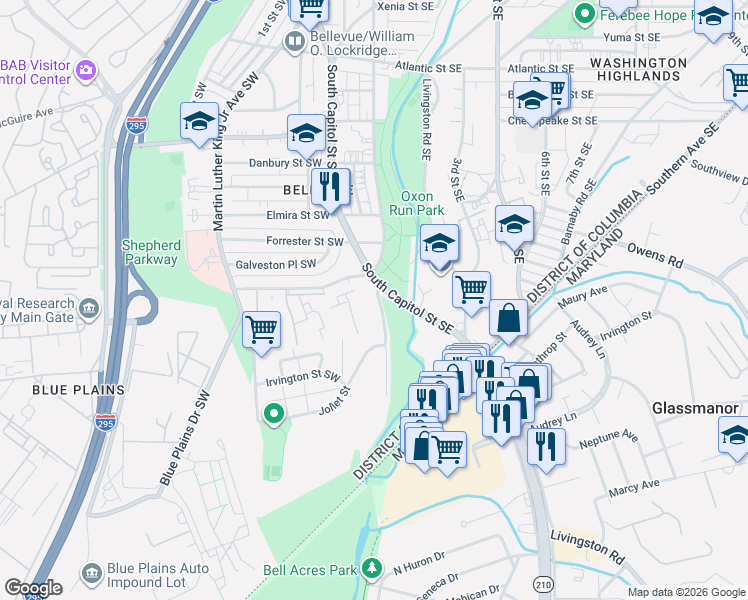 map of restaurants, bars, coffee shops, grocery stores, and more near 4725 1st Street Southwest in Washington