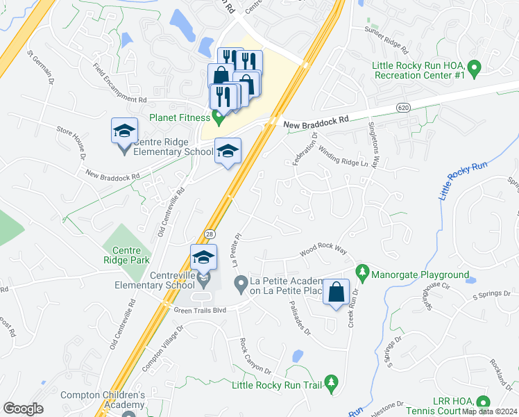 map of restaurants, bars, coffee shops, grocery stores, and more near 6399 Saint Timothys Lane in Centreville
