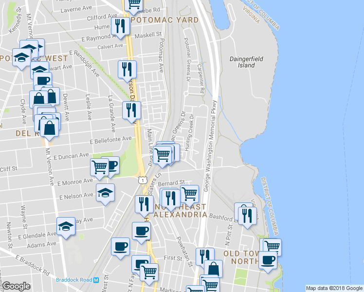 map of restaurants, bars, coffee shops, grocery stores, and more near 701 Norfolk Lane in Alexandria