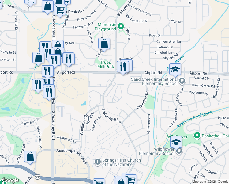 map of restaurants, bars, coffee shops, grocery stores, and more near 647 Cima Vista Point in Colorado Springs
