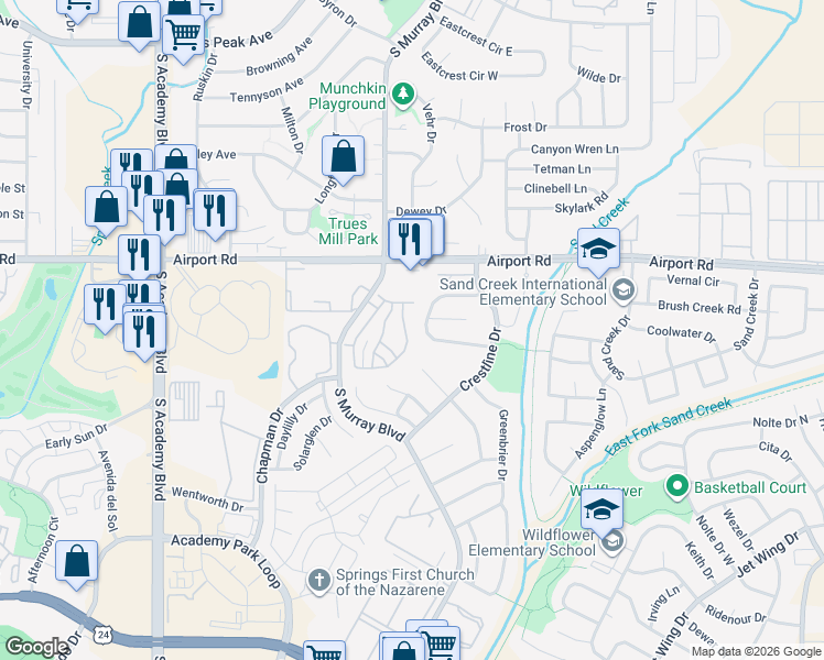 map of restaurants, bars, coffee shops, grocery stores, and more near 762 Cima Vista Point in Colorado Springs