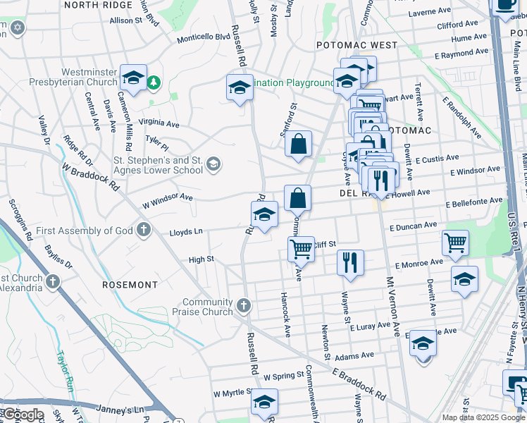 map of restaurants, bars, coffee shops, grocery stores, and more near 106 West Howell Avenue in Alexandria