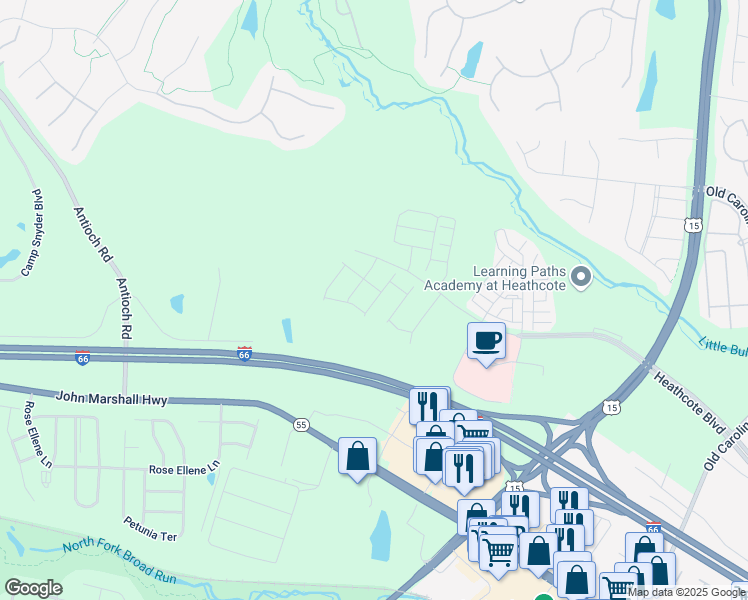 map of restaurants, bars, coffee shops, grocery stores, and more near 6100 Azurite Way in Haymarket