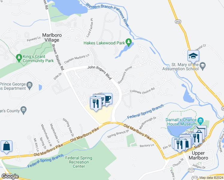 map of restaurants, bars, coffee shops, grocery stores, and more near 4803 Clirieden Lane in Upper Marlboro