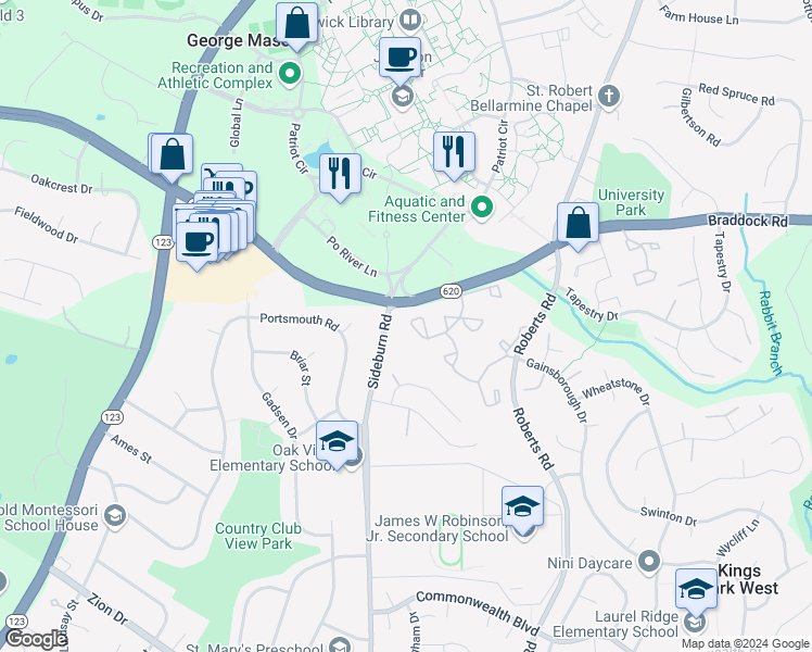 map of restaurants, bars, coffee shops, grocery stores, and more near 4939 Carriagepark Road in Fairfax