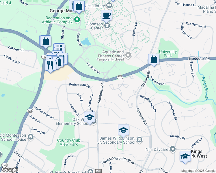 map of restaurants, bars, coffee shops, grocery stores, and more near 4939 Carriagepark Road in Fairfax