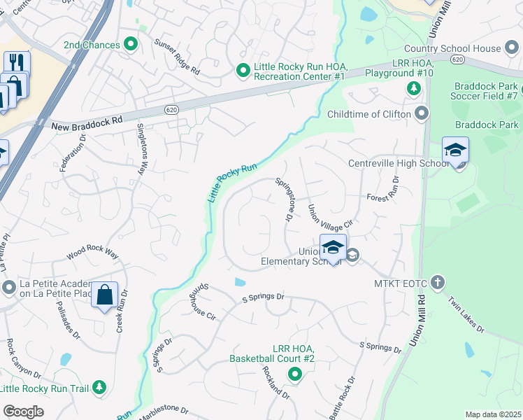 map of restaurants, bars, coffee shops, grocery stores, and more near 6203 Stonehunt Place in Clifton