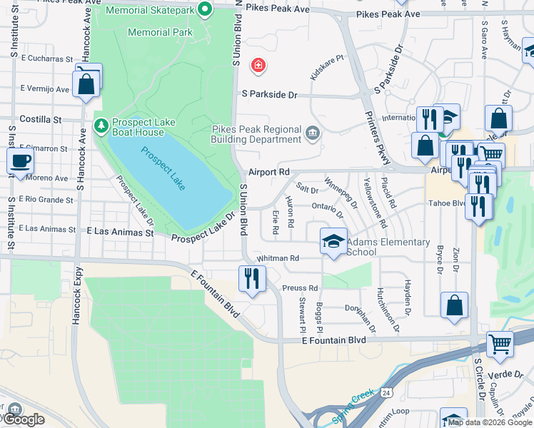 map of restaurants, bars, coffee shops, grocery stores, and more near 609 Manitoba Drive in Colorado Springs
