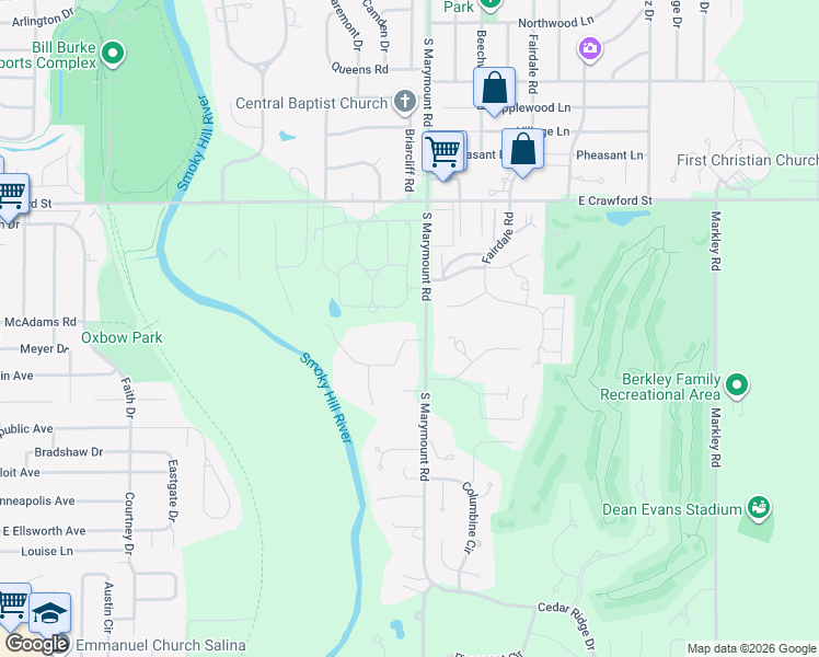map of restaurants, bars, coffee shops, grocery stores, and more near 1965-1969 Ridgeview Road in Salina