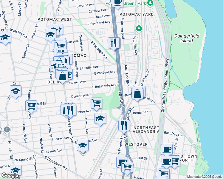 map of restaurants, bars, coffee shops, grocery stores, and more near 539 East Duncan Avenue in Alexandria