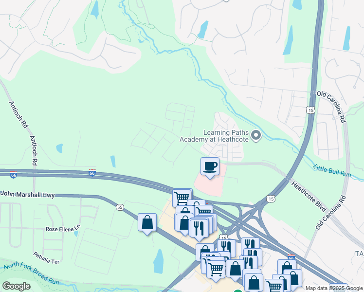 map of restaurants, bars, coffee shops, grocery stores, and more near Moonstone Way in Prince William County