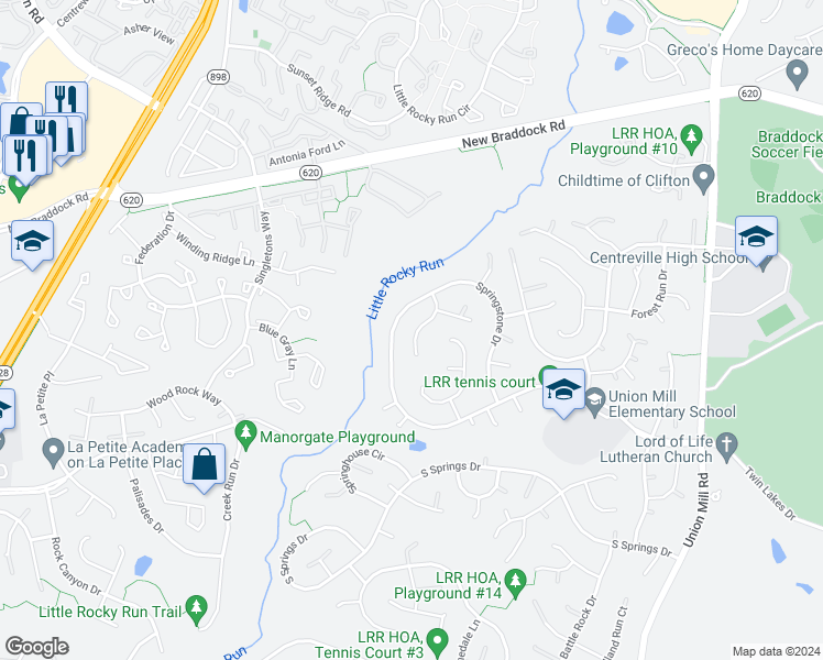 map of restaurants, bars, coffee shops, grocery stores, and more near 6210 Springstone Place in Clifton