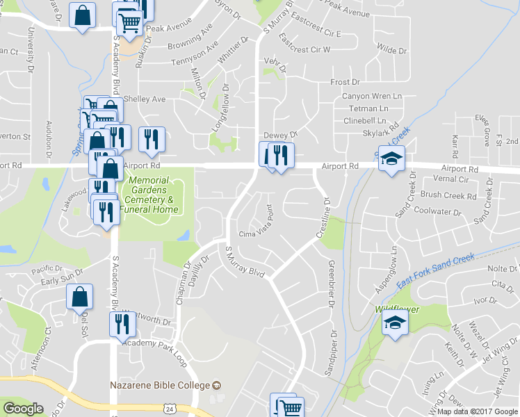 map of restaurants, bars, coffee shops, grocery stores, and more near 747 Cima Vista Point in Colorado Springs