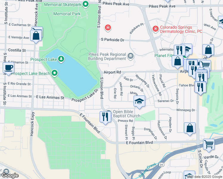 map of restaurants, bars, coffee shops, grocery stores, and more near 609 Manitoba Drive in Colorado Springs