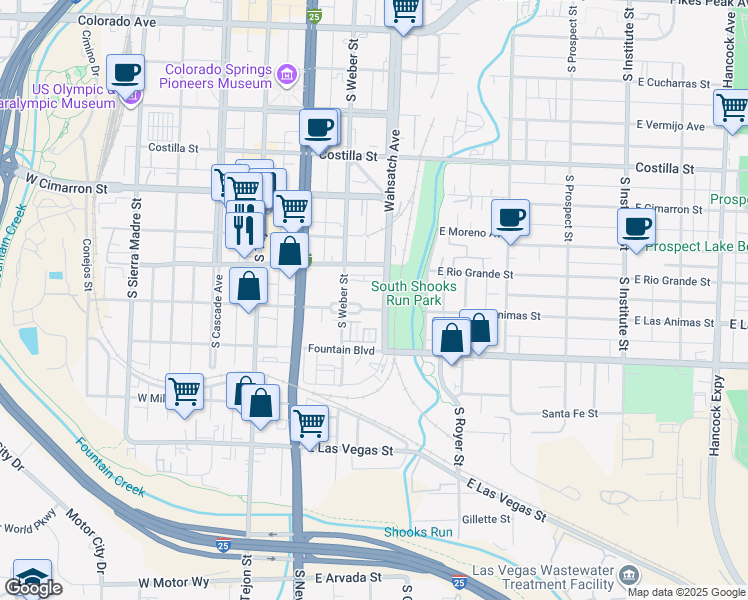 map of restaurants, bars, coffee shops, grocery stores, and more near 350 East Las Animas Street in Colorado Springs