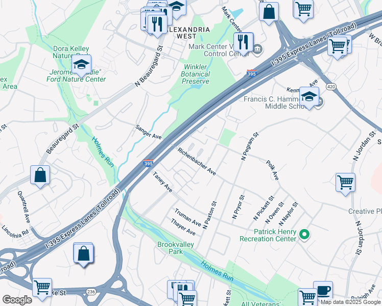 map of restaurants, bars, coffee shops, grocery stores, and more near 5427 Richenbacher Avenue in Alexandria