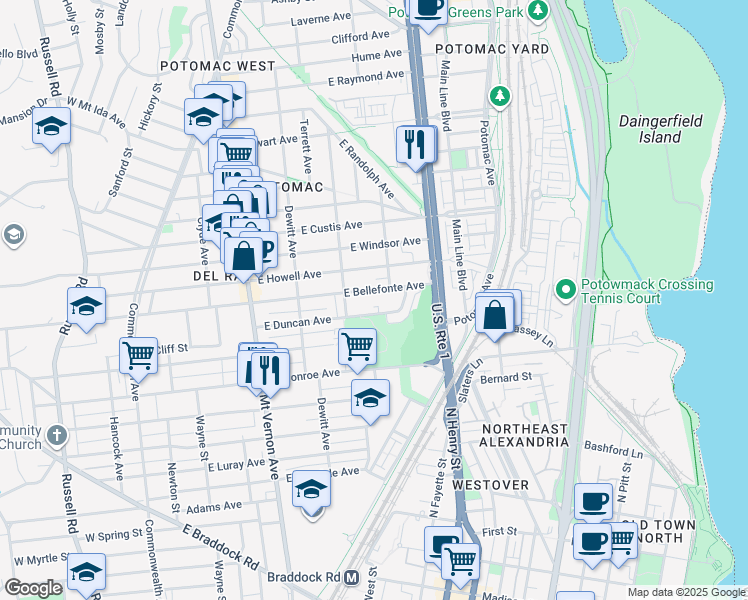 map of restaurants, bars, coffee shops, grocery stores, and more near 415 East Bellefonte Avenue in Alexandria