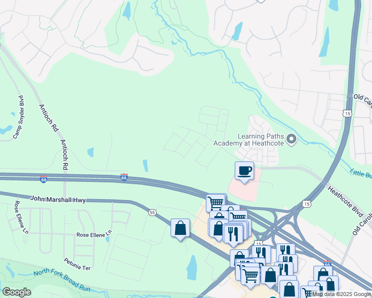 map of restaurants, bars, coffee shops, grocery stores, and more near 6100 Azurite Way in Haymarket