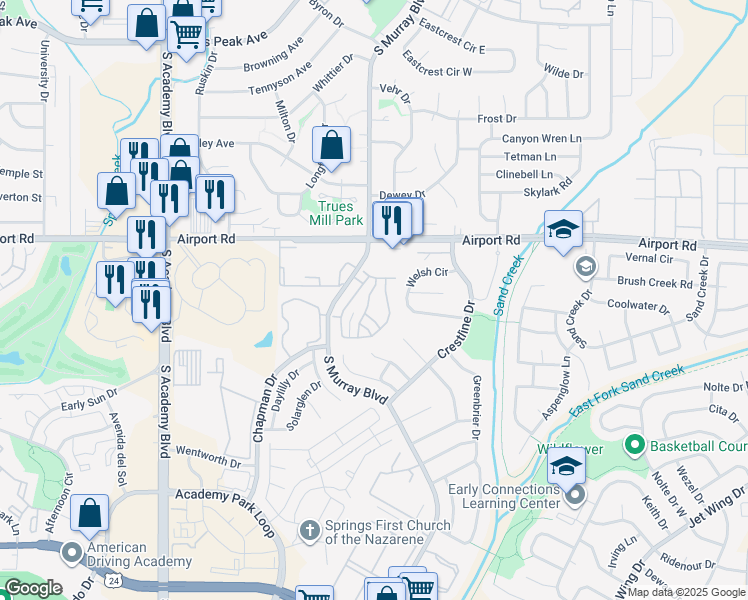 map of restaurants, bars, coffee shops, grocery stores, and more near 747 Cima Vista Point in Colorado Springs