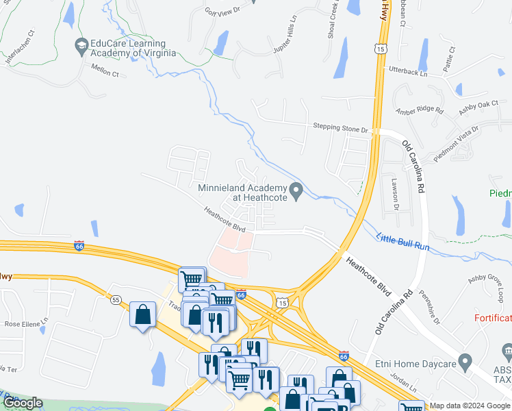 map of restaurants, bars, coffee shops, grocery stores, and more near 6248 Aster Haven Circle in Haymarket