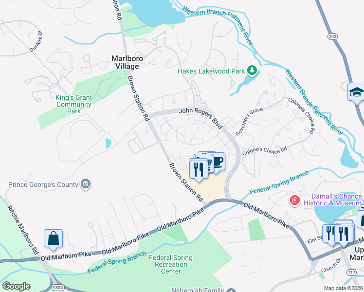 map of restaurants, bars, coffee shops, grocery stores, and more near 4743 King John Way in Upper Marlboro