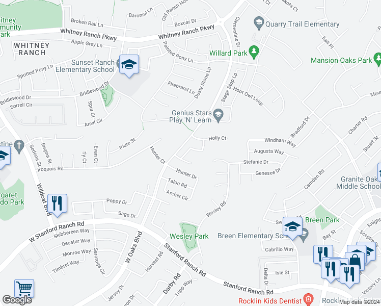 map of restaurants, bars, coffee shops, grocery stores, and more near 5308 Brandon Drive in Rocklin