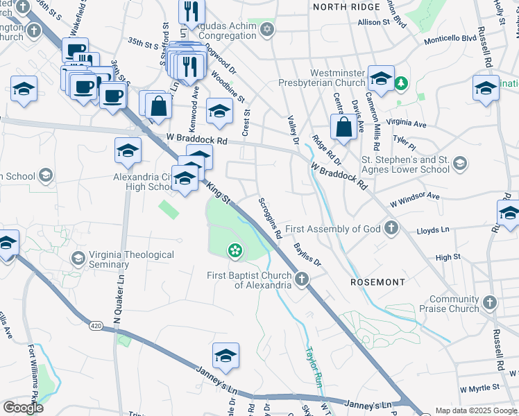 map of restaurants, bars, coffee shops, grocery stores, and more near 2020 Scroggins Road in Alexandria