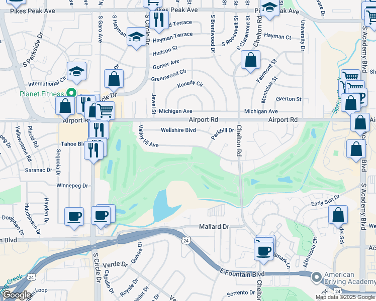 map of restaurants, bars, coffee shops, grocery stores, and more near 2843 Valley Hi Avenue in Colorado Springs