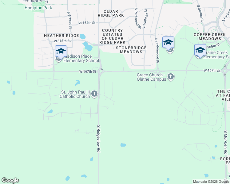 map of restaurants, bars, coffee shops, grocery stores, and more near 16735-16765 South Ridgeview Road in Olathe