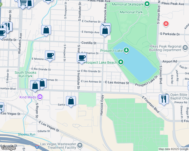 map of restaurants, bars, coffee shops, grocery stores, and more near 713 South Cedar Street in Colorado Springs