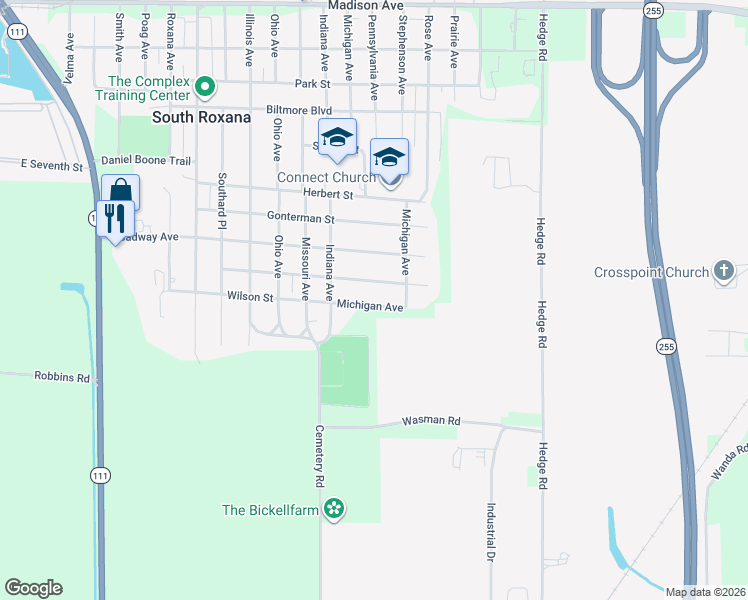 map of restaurants, bars, coffee shops, grocery stores, and more near 1315 Wilson Street in South Roxana