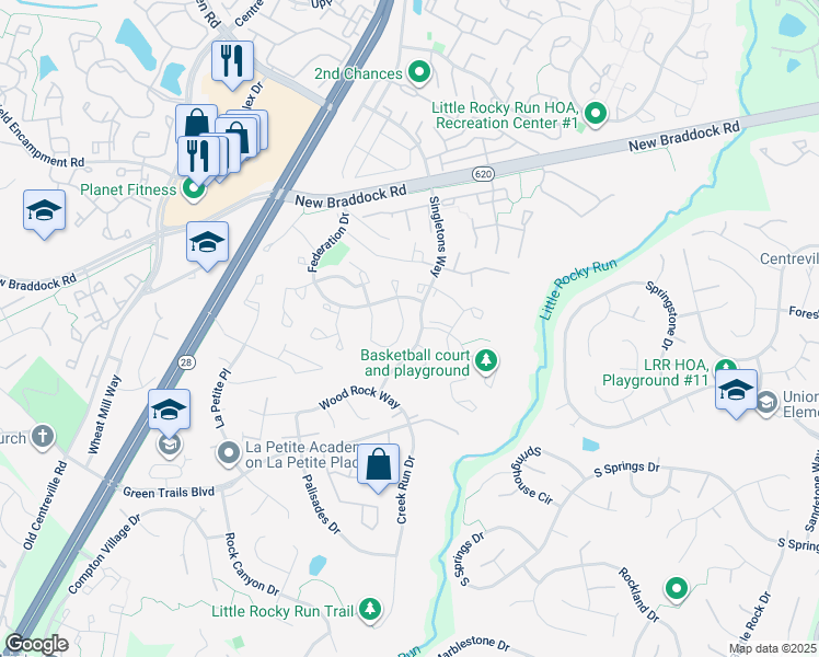 map of restaurants, bars, coffee shops, grocery stores, and more near 14025 Betsy Ross Lane in Centreville