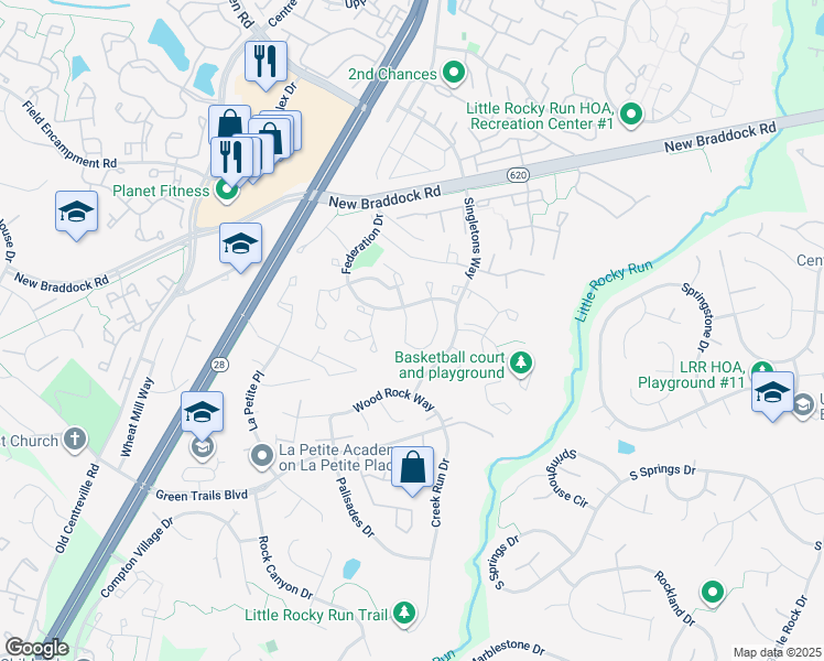 map of restaurants, bars, coffee shops, grocery stores, and more near 14102 Betsy Ross Lane in Centreville