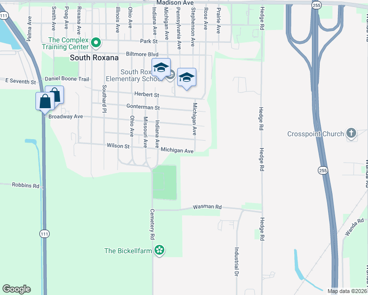 map of restaurants, bars, coffee shops, grocery stores, and more near 1315 Wilson Street in South Roxana
