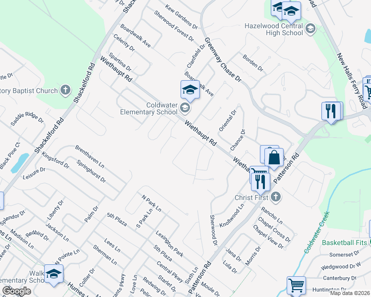 map of restaurants, bars, coffee shops, grocery stores, and more near 2776 Dawnview Drive in Florissant