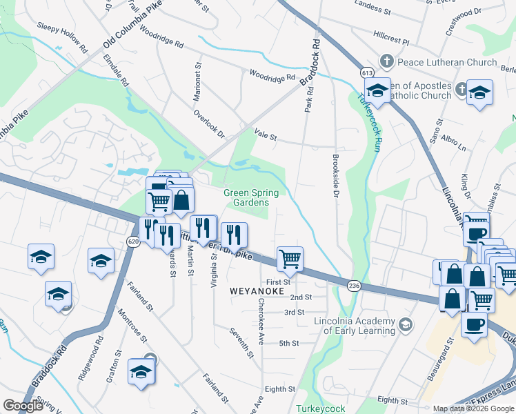 map of restaurants, bars, coffee shops, grocery stores, and more near 4603 Green Spring Road in Alexandria
