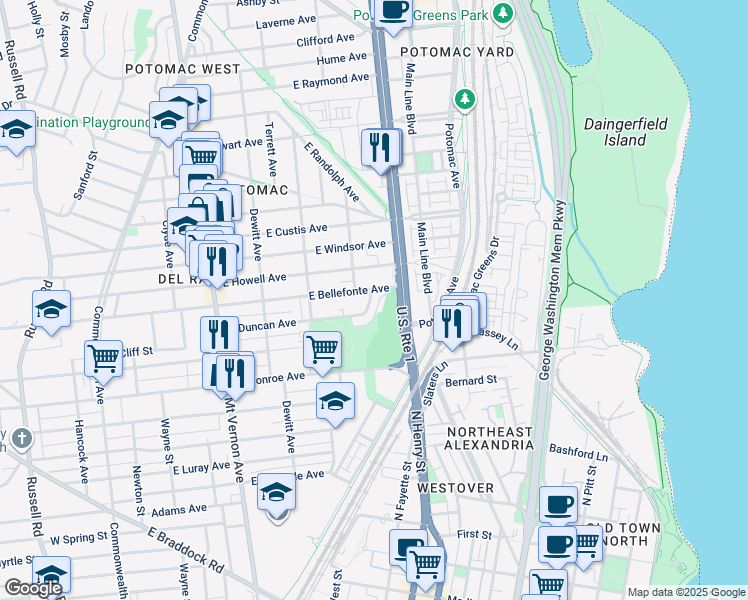 map of restaurants, bars, coffee shops, grocery stores, and more near 545 East Duncan Avenue in Alexandria