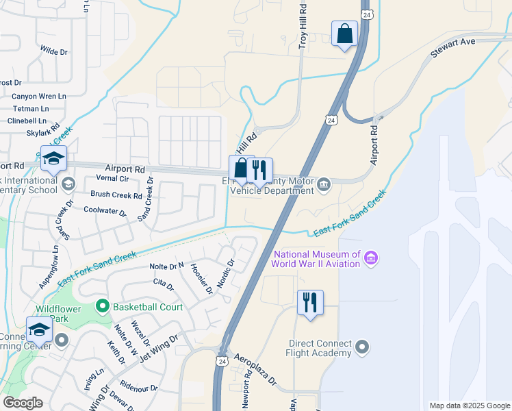 map of restaurants, bars, coffee shops, grocery stores, and more near 575 Airport Creek Point in Colorado Springs