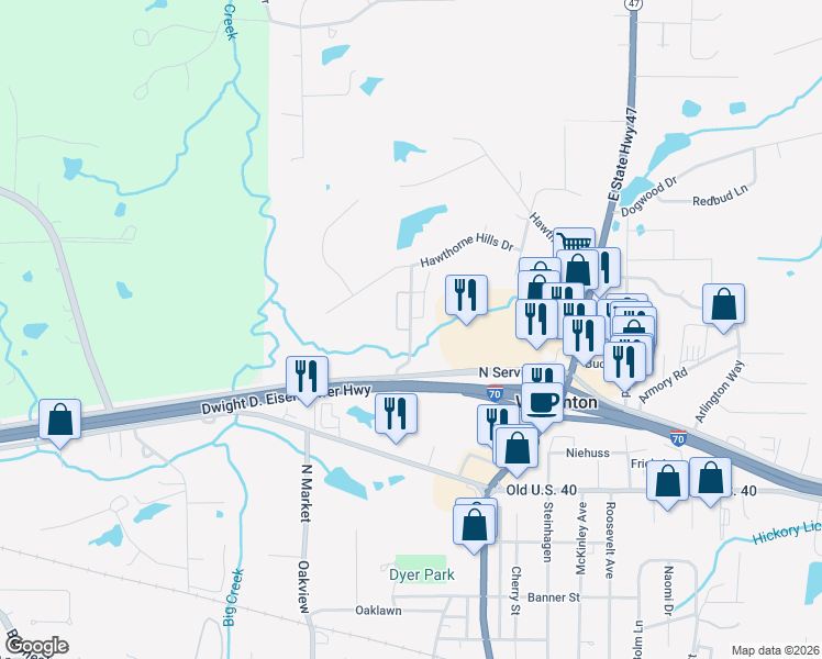 map of restaurants, bars, coffee shops, grocery stores, and more near 2041 Villas Drive in Warrenton