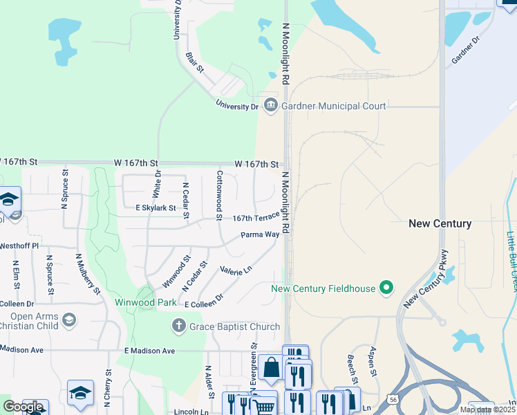 map of restaurants, bars, coffee shops, grocery stores, and more near 736 167th Terrace in Gardner