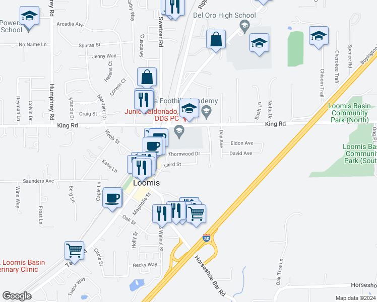 map of restaurants, bars, coffee shops, grocery stores, and more near 6089 Thornwood Drive in Loomis