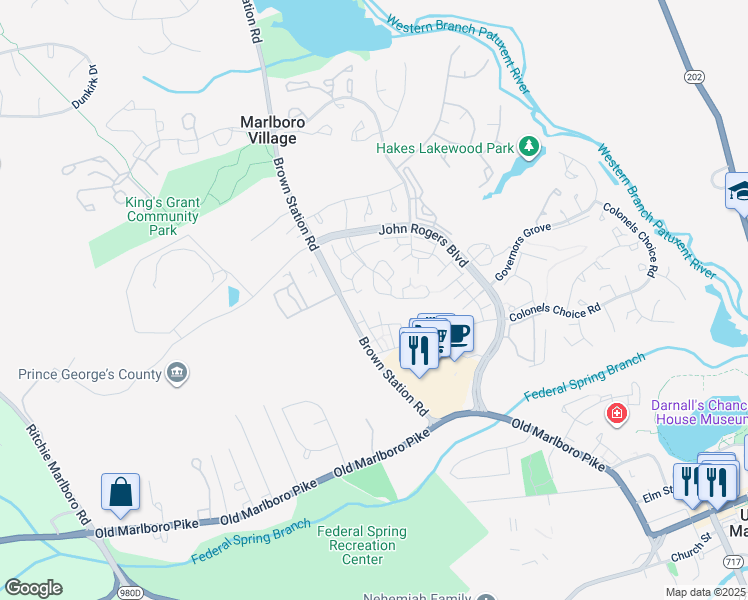 map of restaurants, bars, coffee shops, grocery stores, and more near 4725 King John Way in Upper Marlboro