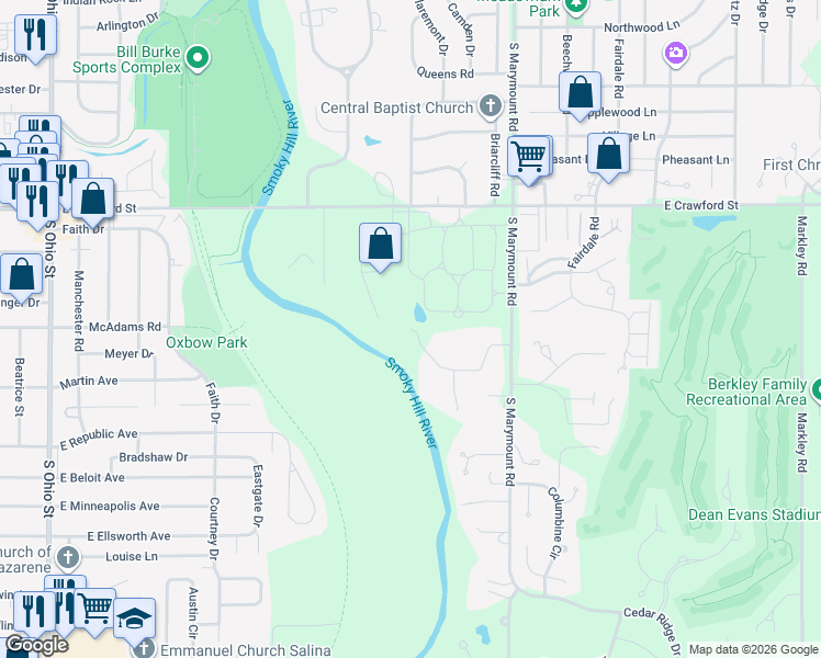 map of restaurants, bars, coffee shops, grocery stores, and more near 1965 Ridgeview Road in Salina